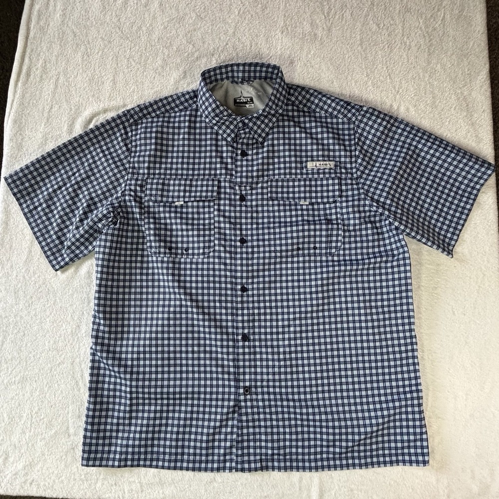Habit Mens XL Fishing Shirt Short Sleeve Plaid Blue Button Up Solar Factor 40
